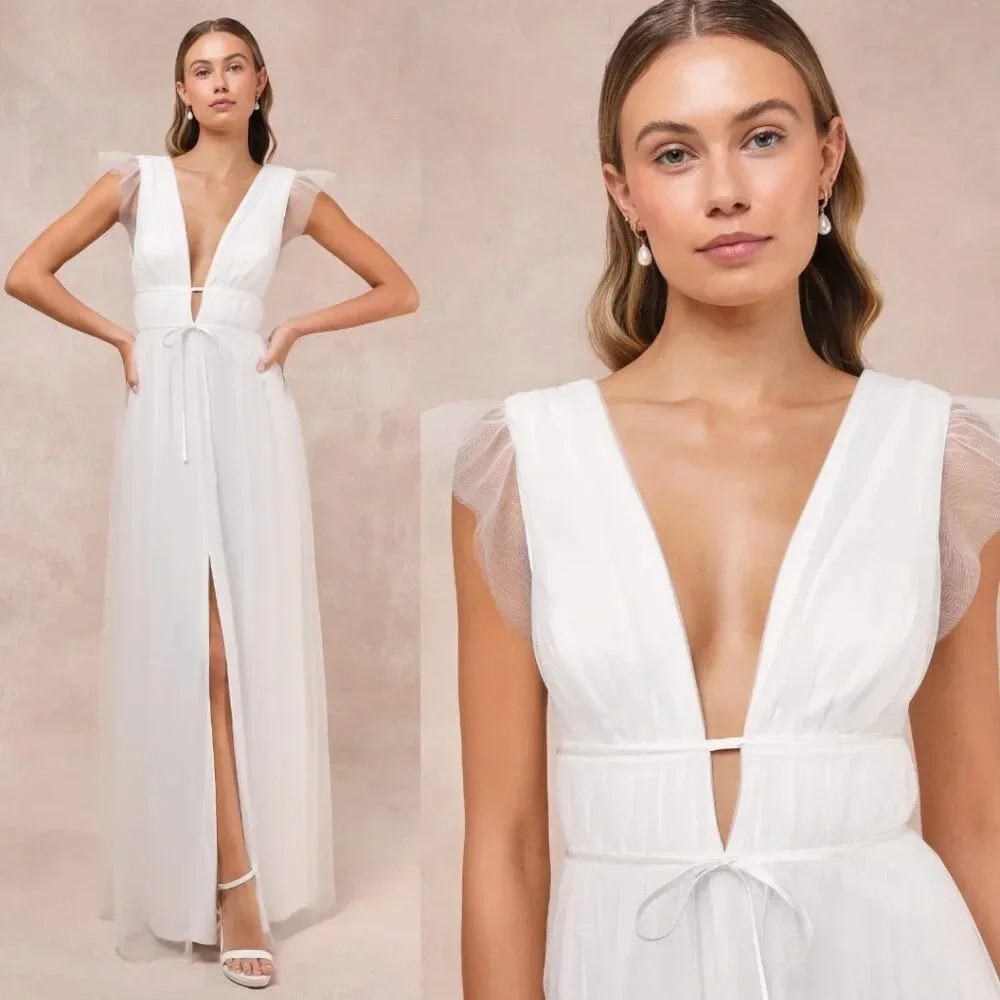 Lulu's White Tulle Maxi Dress with Deep V